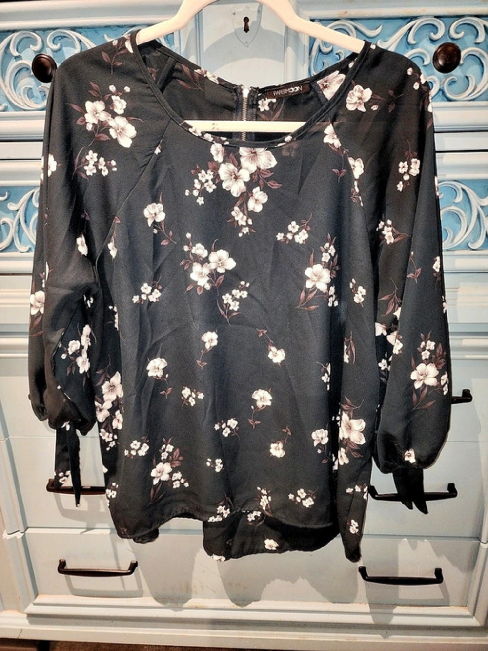 PaperMoon Floral Long Sleeve Blouse in Black & Pink XL